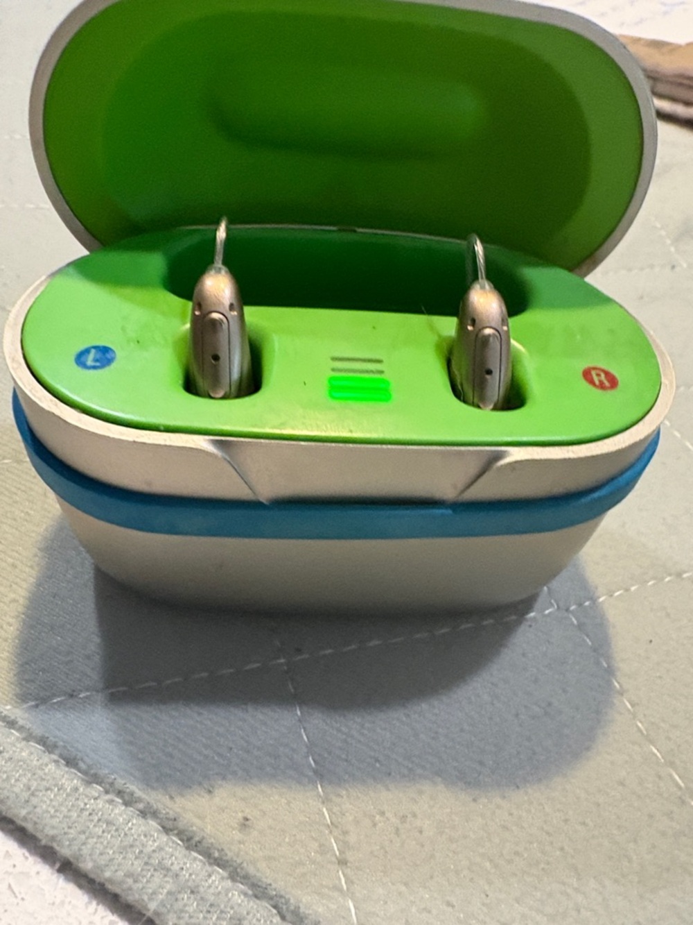 Rechargeable Hearing Aid Charging Case in Green and Silver